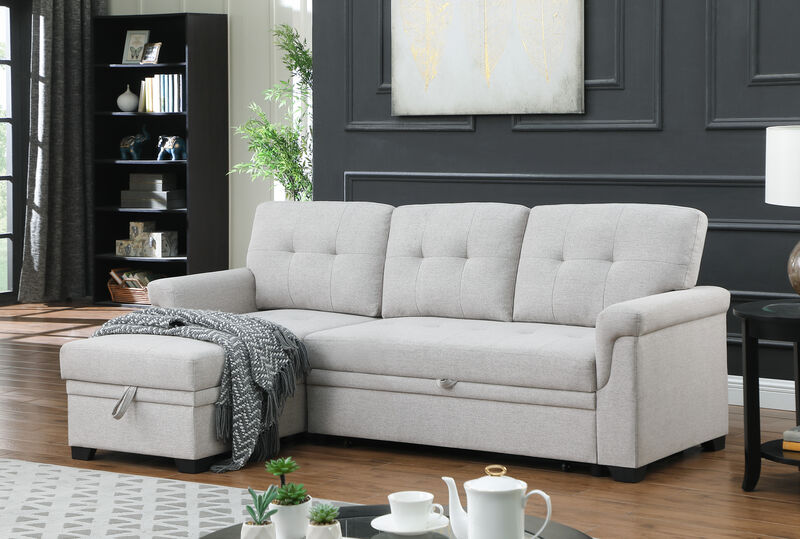 Lucca Light Gray Linen Reversible Sleeper Sectional Sofa With Storage Chaise