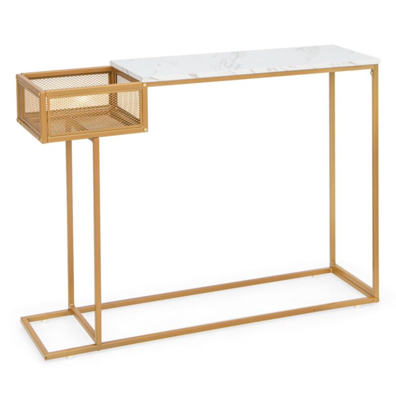 Hivvago Rectangular White Faux Marble Console Table with Storage