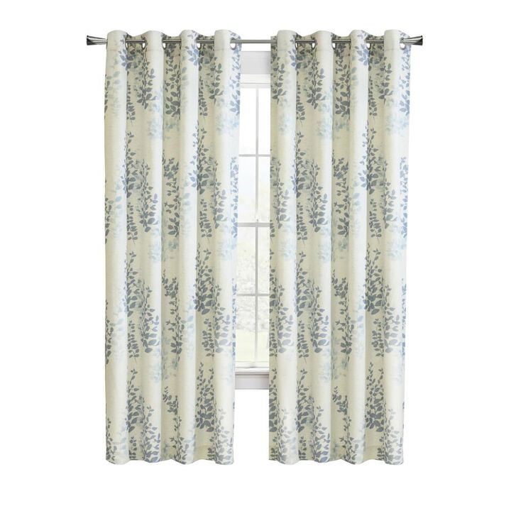 Habitat Lana Light Filtering Grommet Curtain Panel Two Tone Leaf Branches Bouquet Faux Linen Fabric Designed Blue