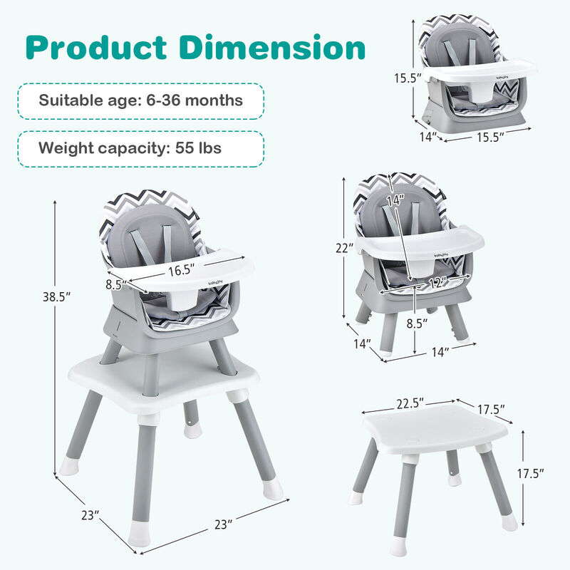 6-in-1 Convertible Baby High Chair with Adjustable Removable Tray