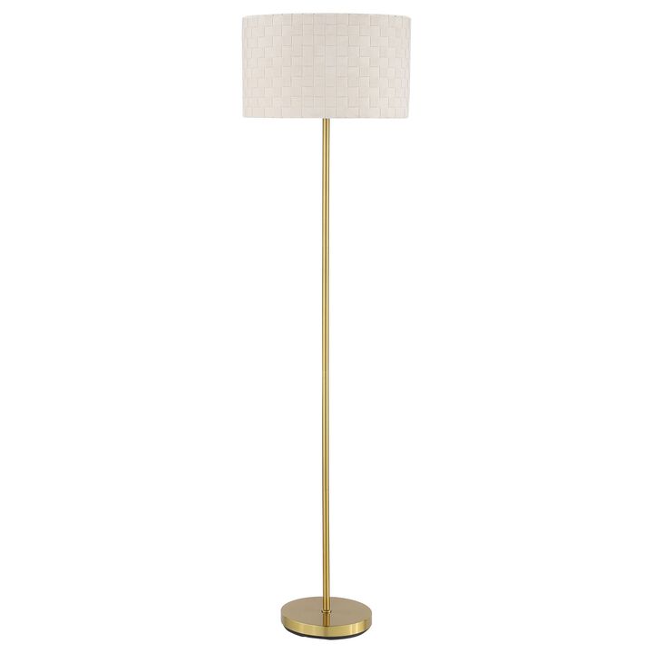 Nek 66 Inch Floor Lamp, Basketweave Drum Shade, Ivory Fabric, Gold Metal - Benzara
