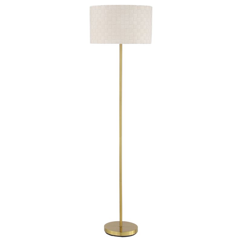 Nek 66 Inch Floor Lamp, Basketweave Drum Shade, Ivory Fabric, Gold Metal - Benzara