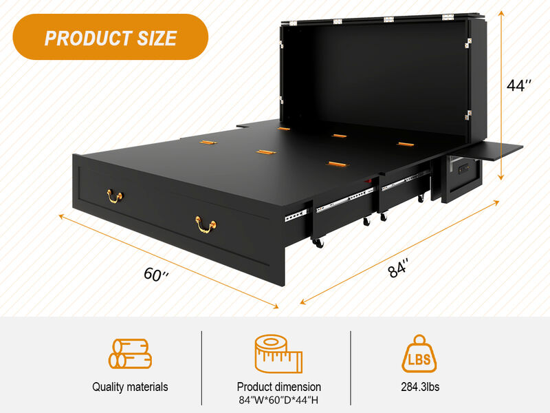Queen Murphy Bed, Murphy Bed with Drawer Includes Storage Cabinet,USB and Charging Port, Murphy Bed Queen Suit for Guest Room, Black Cabinet Bed Guest Bed