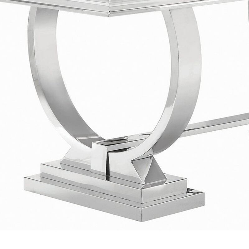 Dining Table with Glass Top and Trestle Base, Black and Chrome - Benzara