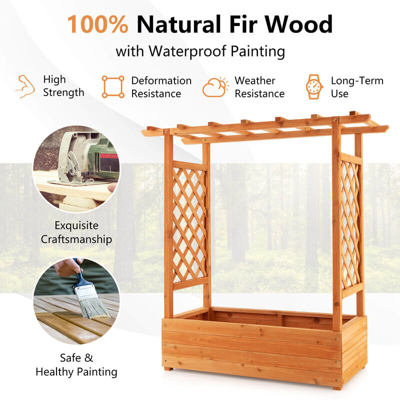 Raised Garden Bed with Trellis or Climbing Plant and Pot Hanging-Natural
