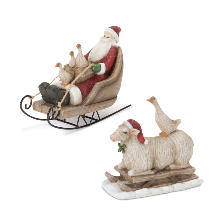 Santa and Animals on Sled for Holiday Decor and Christmas Festive Display (Set of 2)