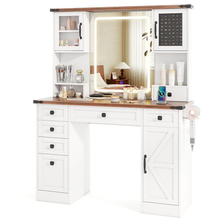 Farmhouse Vanity Desk with Lighted Mirror and 3 Doors
