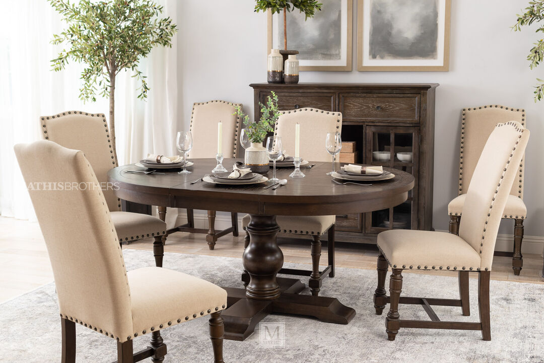 48" Round dining table - espresso oak woodgrain with fabric chairs