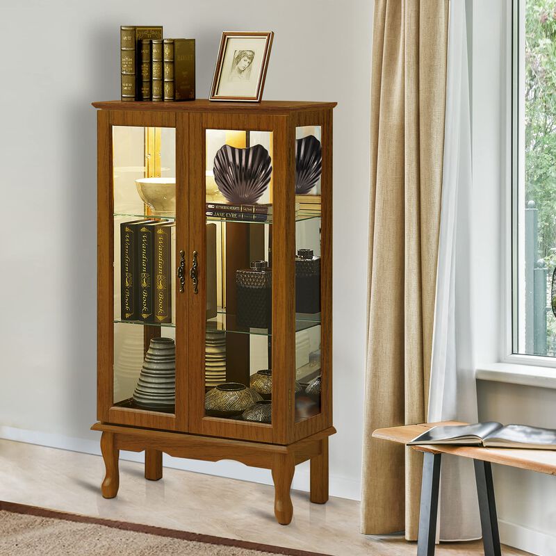 Curio Cabinet Lighted Display Cabinet with Adjustable Glass Shelves and Mirrored Back Panel