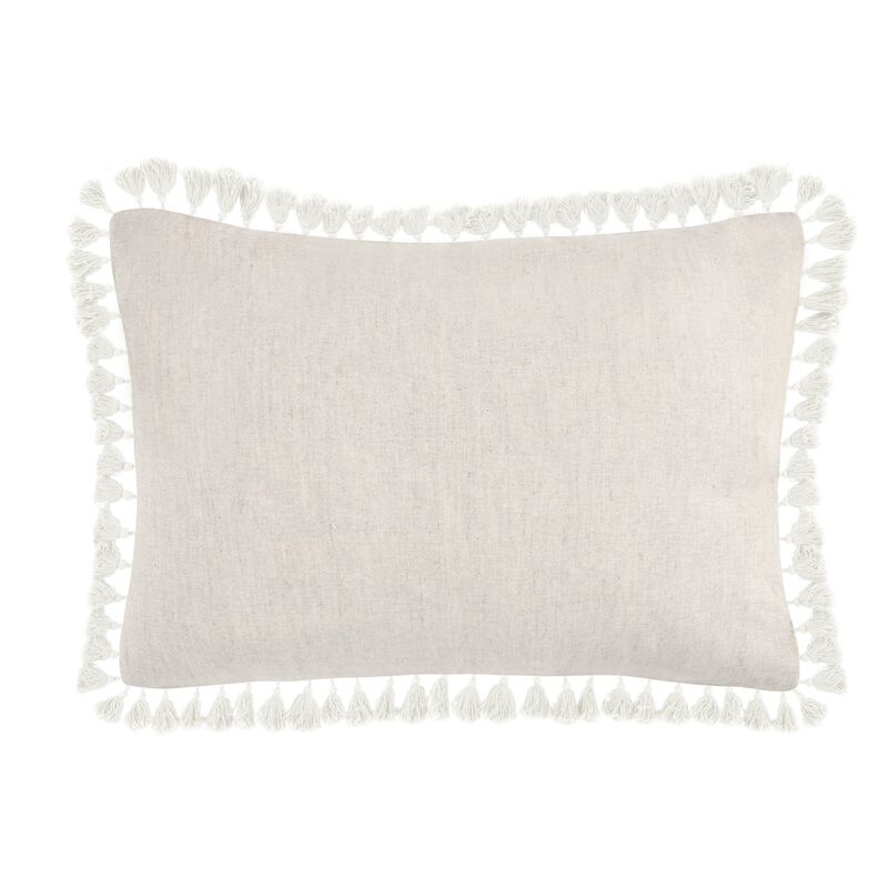 Luos Lumbar Throw Pillow, 14x20 Inch Tasseled Edges, Pink Cotton Linen - Benzara