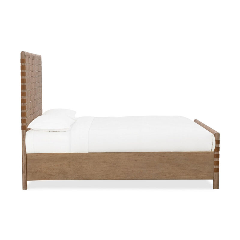 Dory Queen Size Bed, Hand Woven Headboard, Faux Leather Upholstery, Brown - Benzara