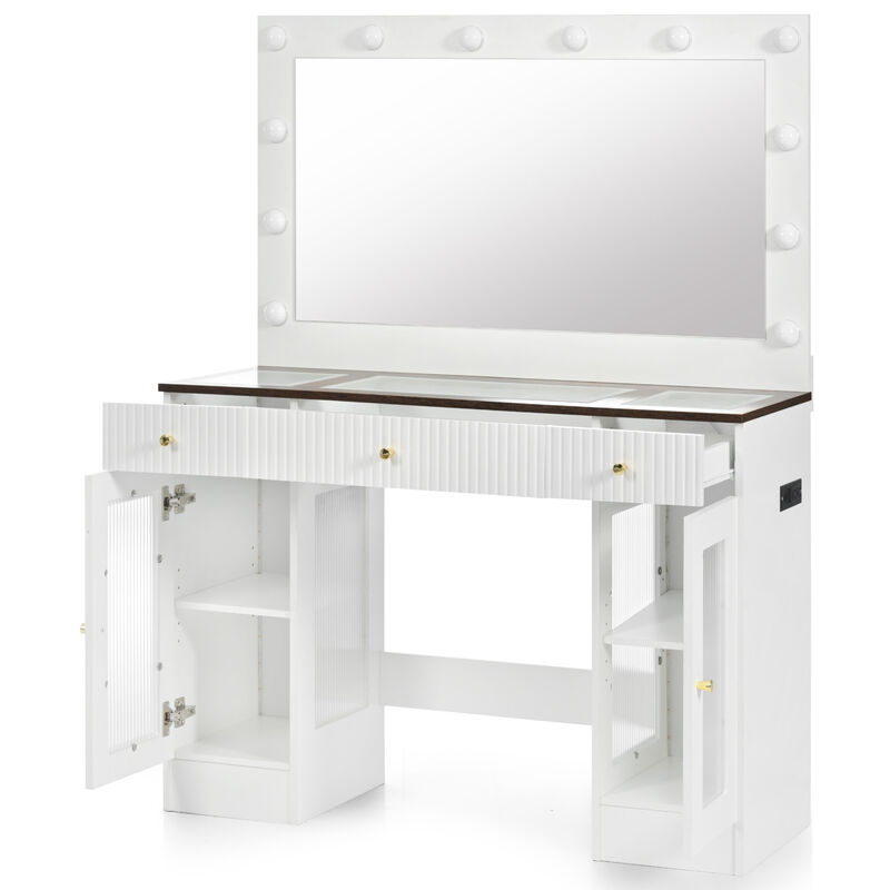 Merax Modern Glass Top Makeup Vanity with Drawers and Power Outlet