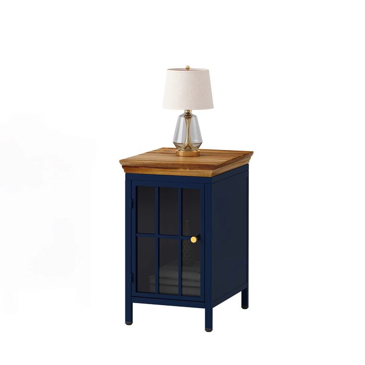 Solid Wood Nightstand with Storage Cabinet in Dark Blue