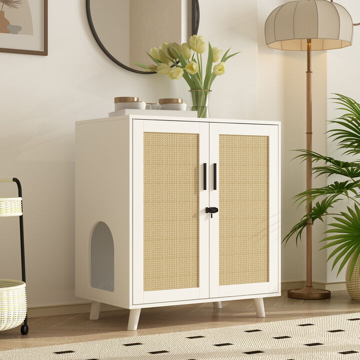 Modern Cat Litter Box Enclosure for Rooms, White Hidden Litter Box Furniture Cat Washroom Storage With Lock Sisal Door