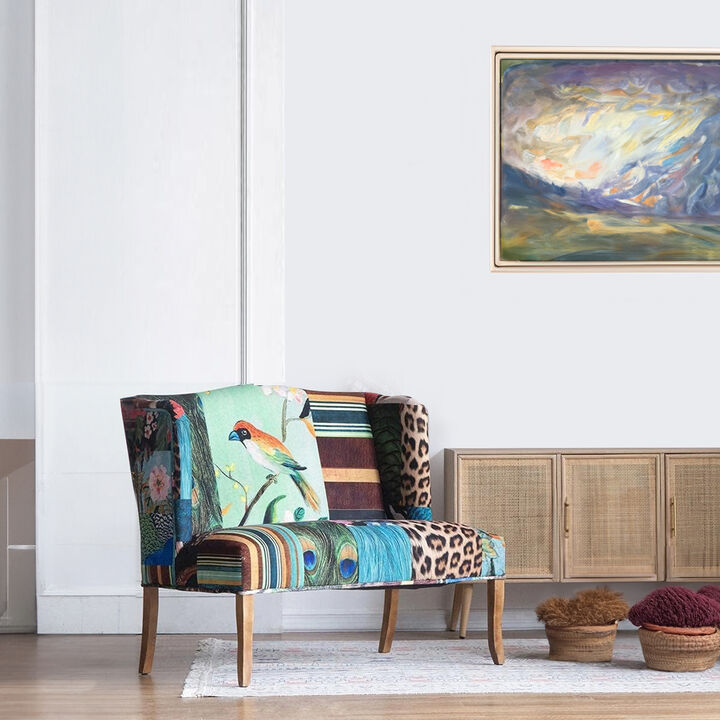 46 Inch Settee Loveseat Bench, Handcrafted Wingback Design, Bird Collage Print Velvet Fabric, Multicolor - Benzara