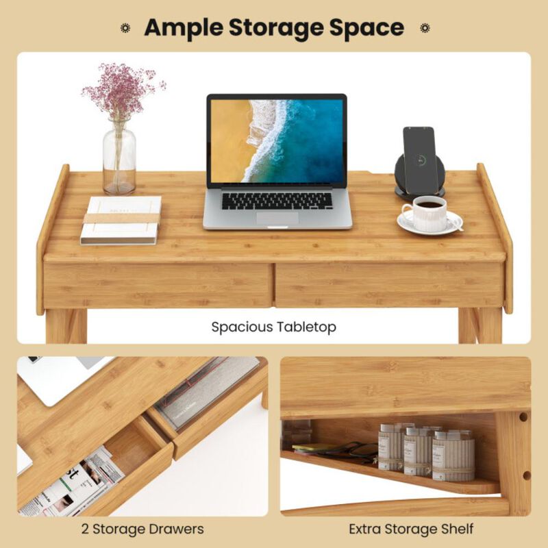 Hivvago Bamboo Writing Desk with 2 Storage Drawers and Open Shelf