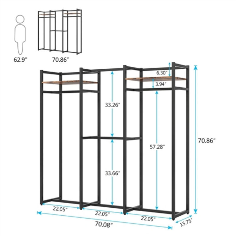 Metal Garment Rack with 4 Rods & 2 Wood Shelves Durable Clothing Storage Organizer