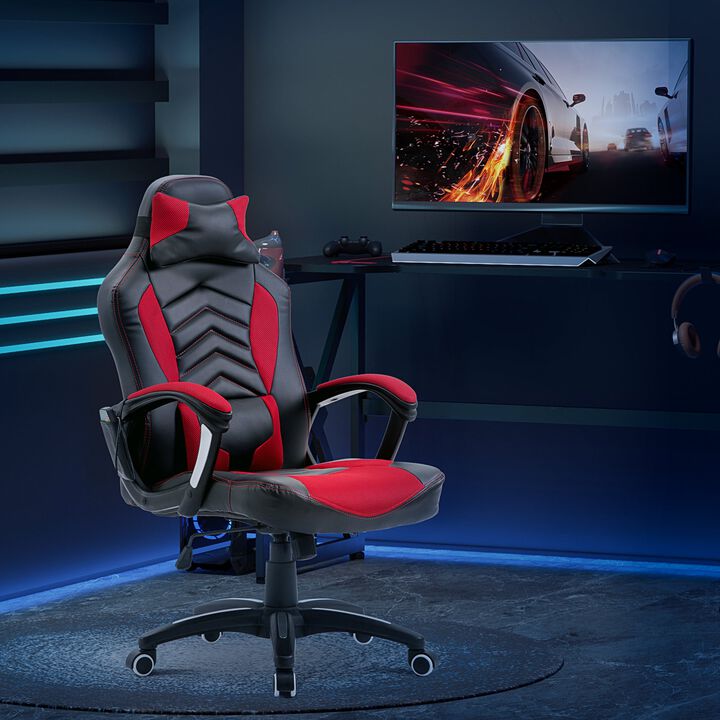 Luxe Office Comfort: Red/Black Vibrating Massage Chair with Lumbar Support