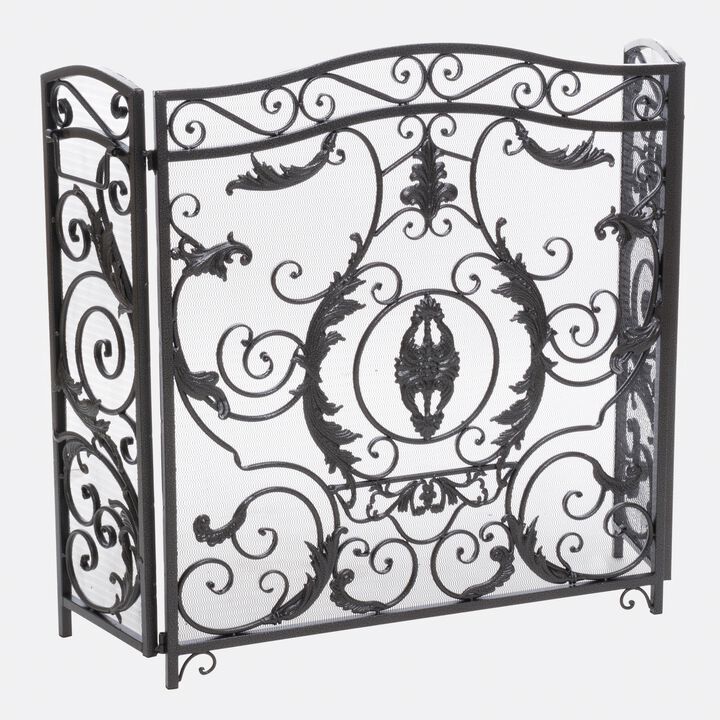 Fireplace Screen, Scrollwork Mesh Design, Iron w Black, Silver Finish -Benzara