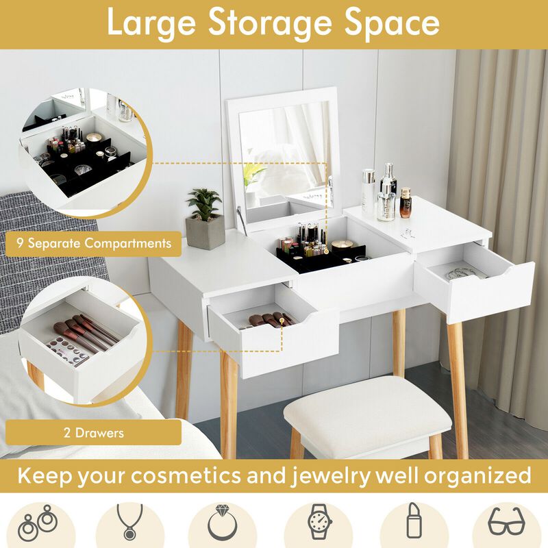 Makeup Vanity Table Set with Flip Top Mirror and 2 Drawers