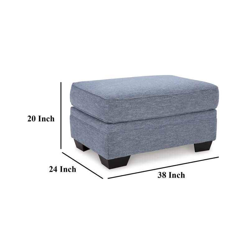 Sano Ottoman, Denim Blue Polyester, Soft Cushions, Black Wood, 38 Inch - Benzara