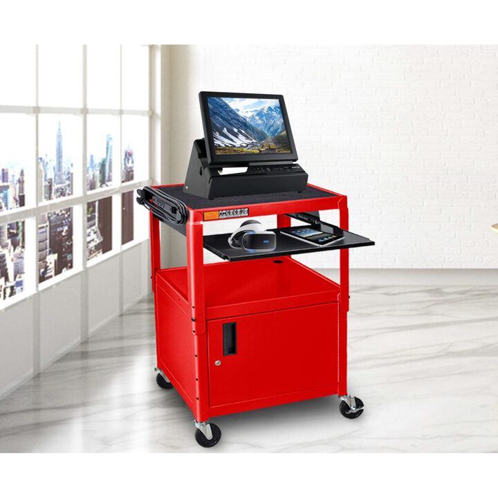 Ergode Adjustable Height Steel A/V Cart with Pullout Keyboard Tray and Cabinet - Red