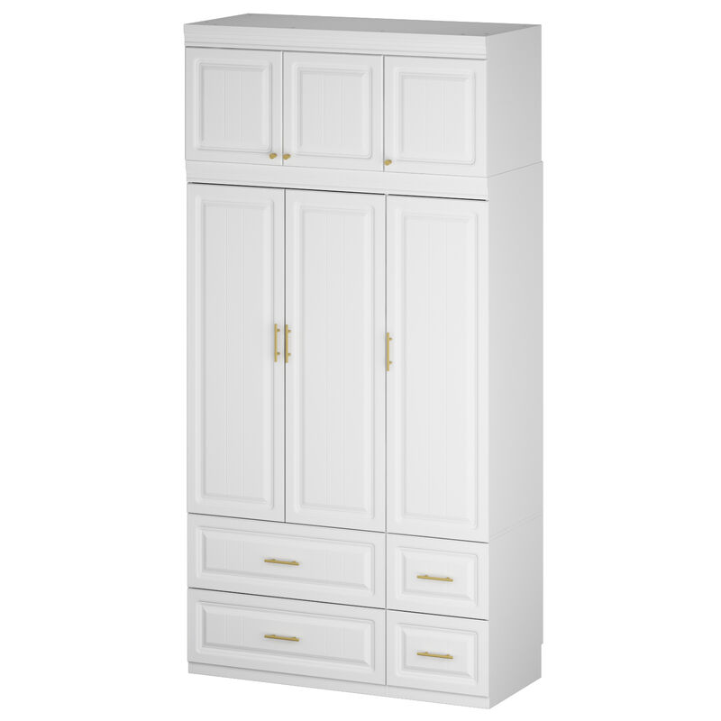 White 6-Door Big Wardrobe Armoires with Hanging Rod, 4-Drawers, Storage Shelves 93.7 in. H x 47.2 in. W x 20.6 in. D
