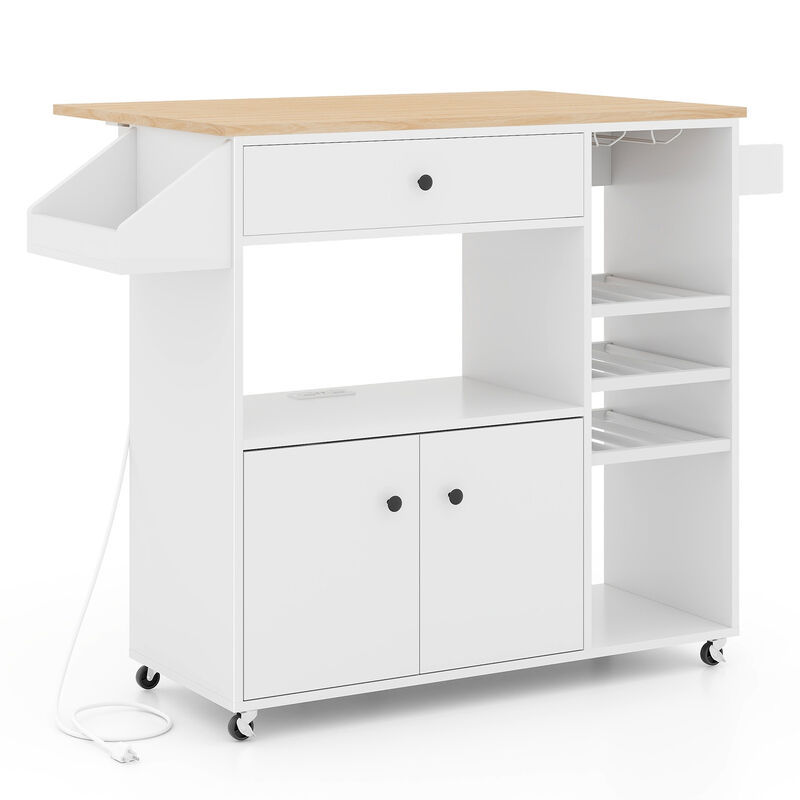 Drop Leaf Mobile Kitchen Island Cart with Power Outlet and Adjustable Shelf