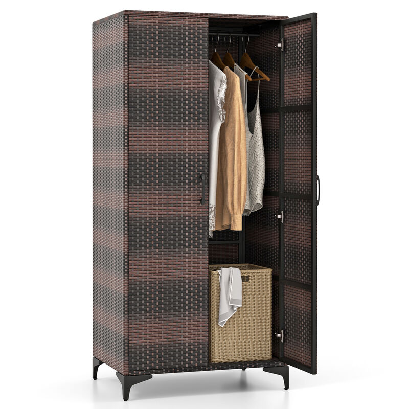 62 Inch Wicker Wardrobe with 2 Doors PE Rattan Closet with Hanging Rod
