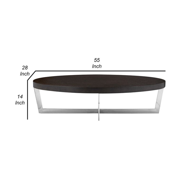 Tini 55 Inch Coffee Table, Oval Top, Chrome Frame, Espresso Brown Finish - Benzara