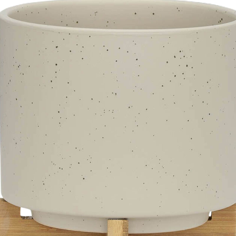 Planter with Wood Stand, Matte Beige Set