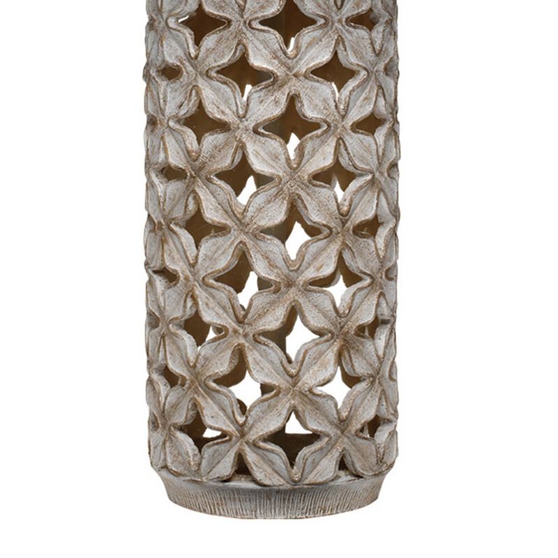 Resin Table Lamp with Geometric Cutouts, White and Gray-Benzara
