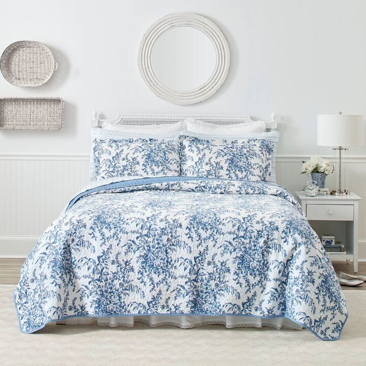 Hivvago King size 3 Piece Bed-in-a-Bag Reversible Blue White Floral Cotton Quilt Set