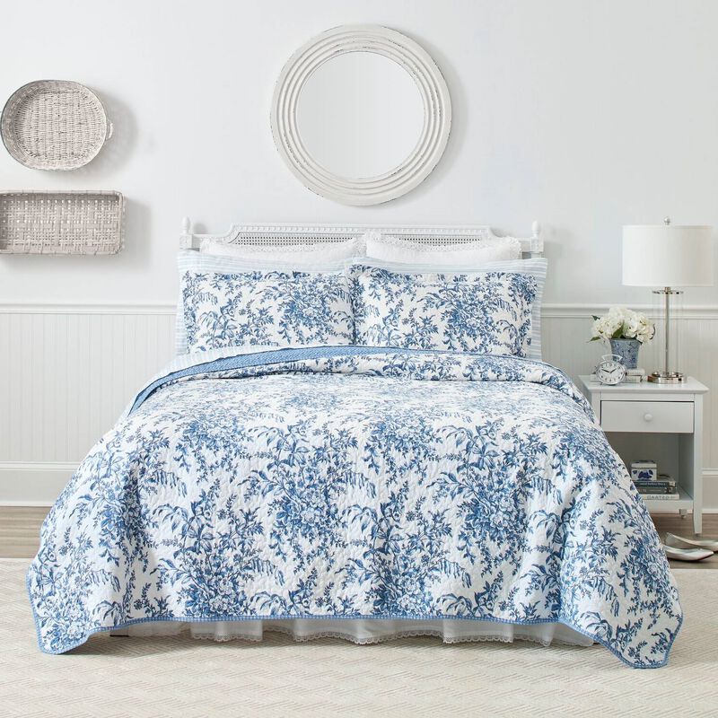 Hivvago Full/Queen 3 Piece Bed In A Bag Reversible Blue White Floral Cotton Quilt Set
