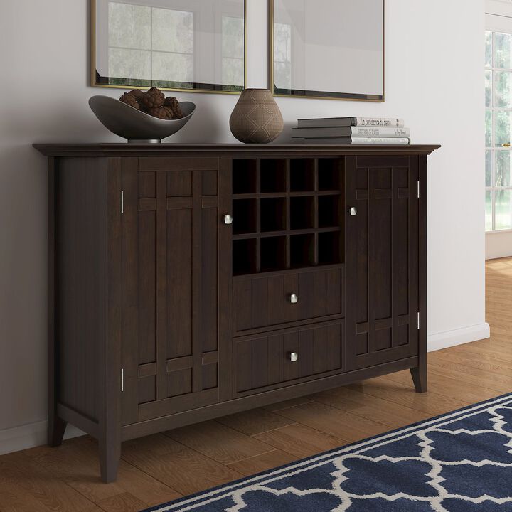 Simpli Home Bedford Solid Wood Sideboard Buffet And Wine Rack In Dark Chestnut Brown