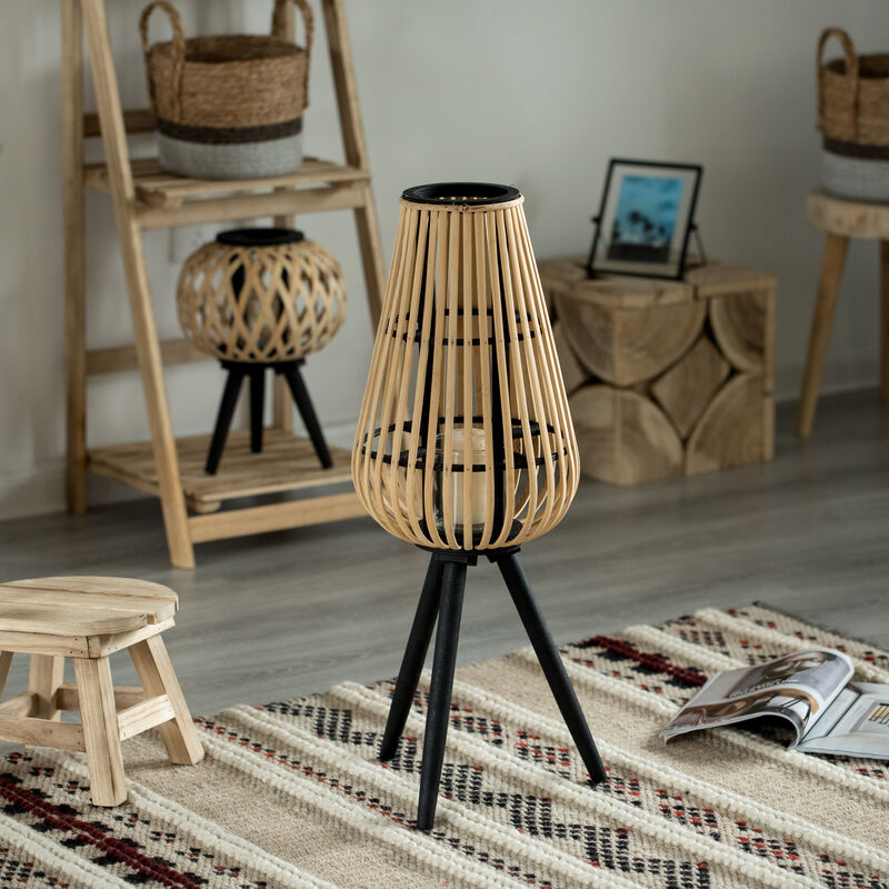 Indoor and Outdoor Modern Natural Bamboo Decorative Lantern with Black Stand and Glass Candle Holder