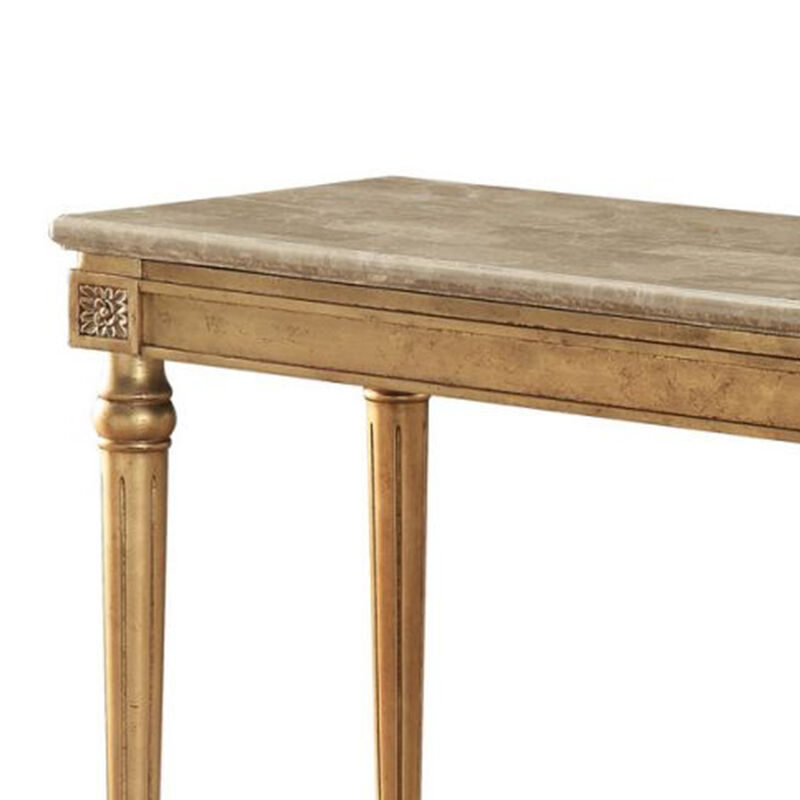 Marble Top Sofa Table With Fluted Detail Wooden Turned Legs, Gold-Benzara