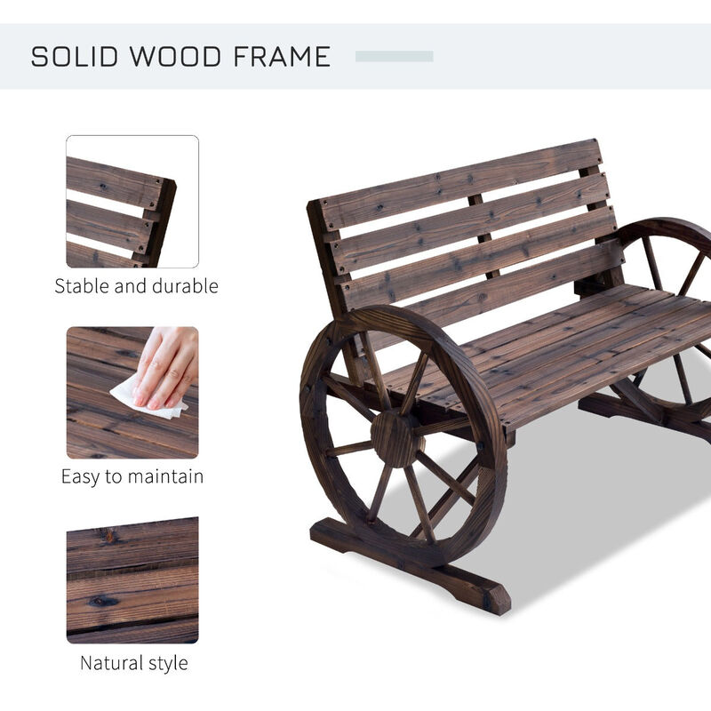 Rustic Outdoor Seating: 2-Person Carbonized Wagon Wheel Bench with Backrest