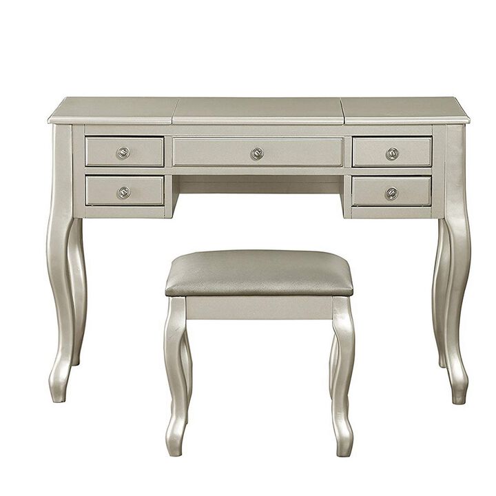 Cherub Vanity Set Featuring Stool And Mirror Silver-Benzara