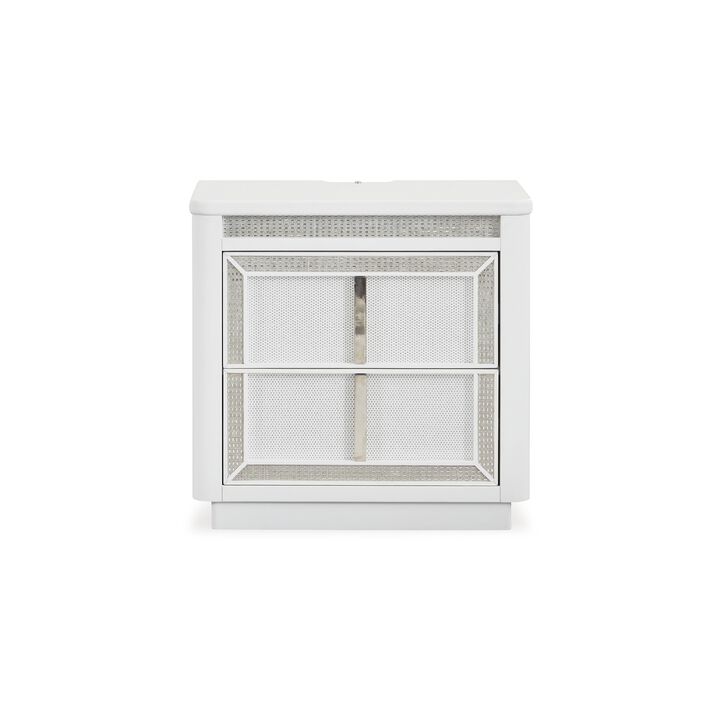 Canaal Nightstand, 2 Drawer, White Solid Wood, 28 Inch, LED Light - Benzara