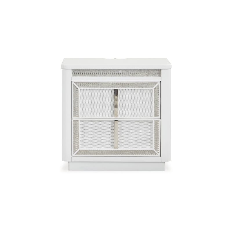 Canaal Nightstand, 2 Drawer, White Solid Wood, 28 Inch, LED Light - Benzara