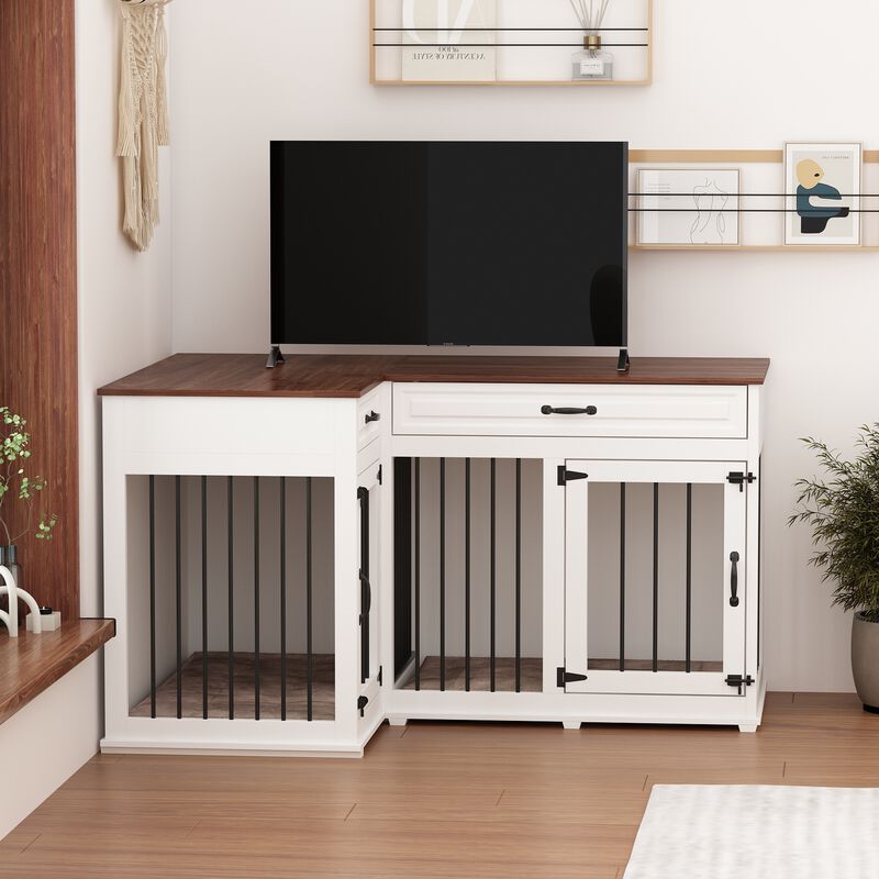 Large Corner Dog Crate Furniture for 2 Dogs with 2 Drawers, Wooden Dog Kennel Corner Dog Cage Perfect for Limited Room