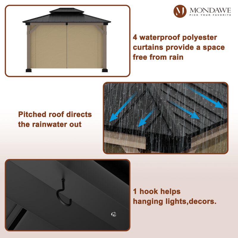Mondawe Beverly Hills 10 ft. x 12 ft. Outdoor Fir Solid Wood Frame Patio Gazebo Canopy Shelter Galvanized Steel Hardtop Curtain