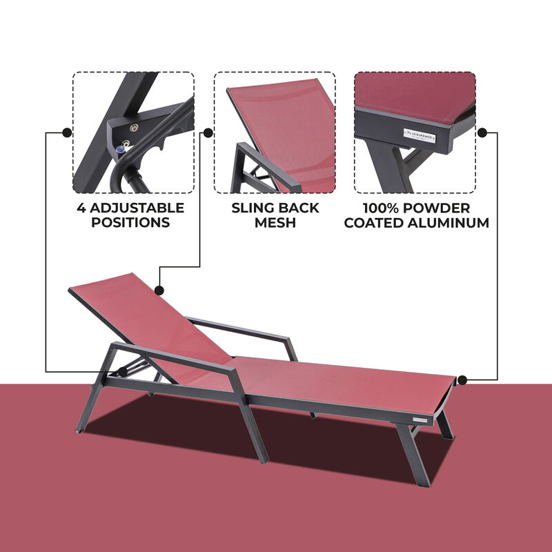 LeisureMod Marlin Patio Chaise Lounge Chair with Armrests – Black Aluminum Frame & Navy Blue Mesh for Outdoor Comfort