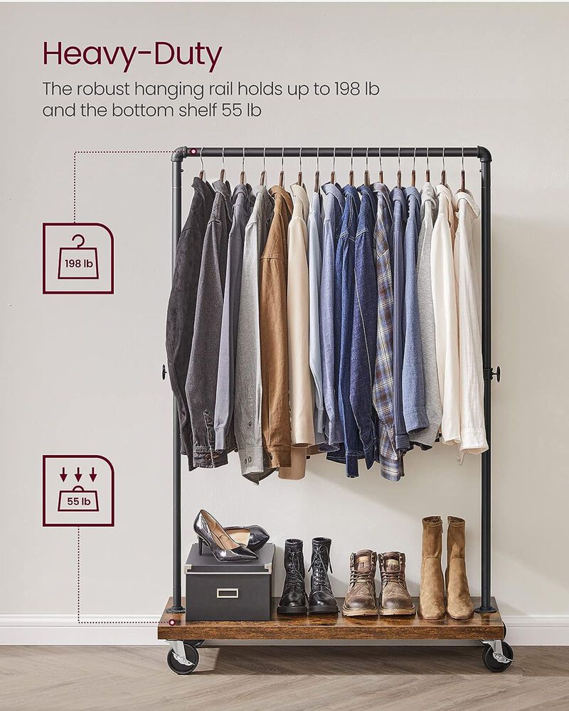 Heavy-Duty Industrial Pipe Style Rolling Clothes Rack with Shelf - Rustic Brown & Black