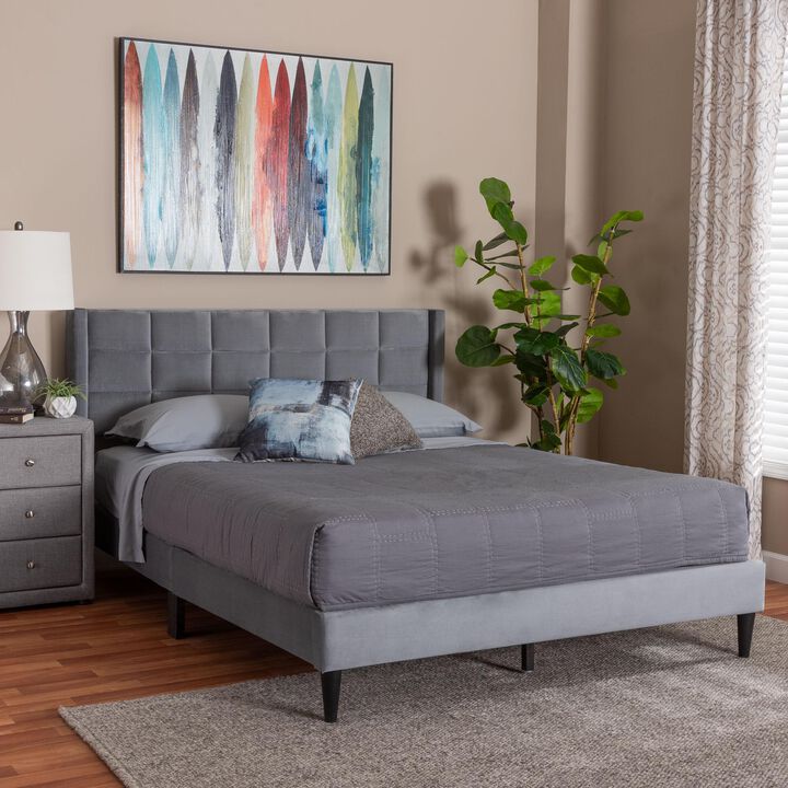 Baxton Studio Payne Modern Glam Navy Blue Velvet and Dark Brown Wood Queen Bed