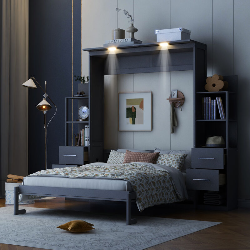 Queen Size Murphy Bed Wall Bed With Shelves, Drawers And LED Lights