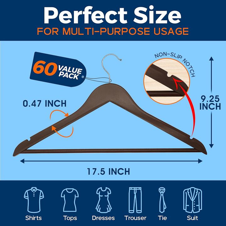Wooden Clothes Hangers - 60 Pack, Durable, Non-Slip, Space-Saving Hangers for Dresses, Coats, and More, Holds Up to 10 lbs with 360° Swivel Hook, Brown Finish