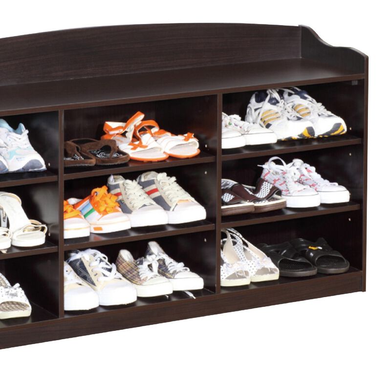 48 Inch Classic Wood Shoe Rack, 9 Cubbies, Elegant Wood Grains, Dark Brown-Benzara