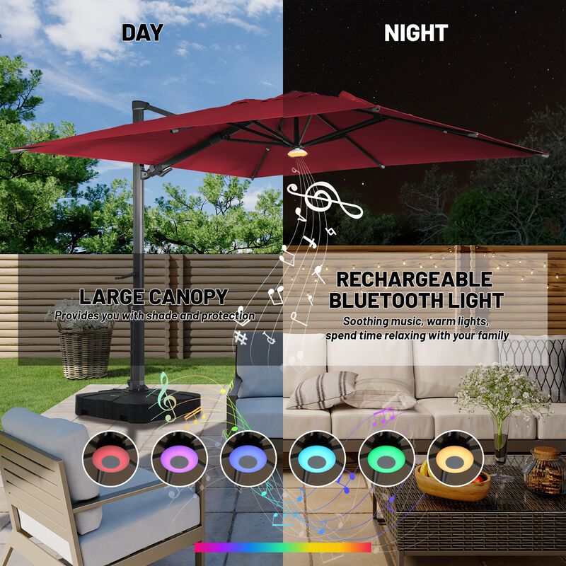 10 ft 360° Rotation Square Cantilever Patio Umbrella with BaseandBT in Red